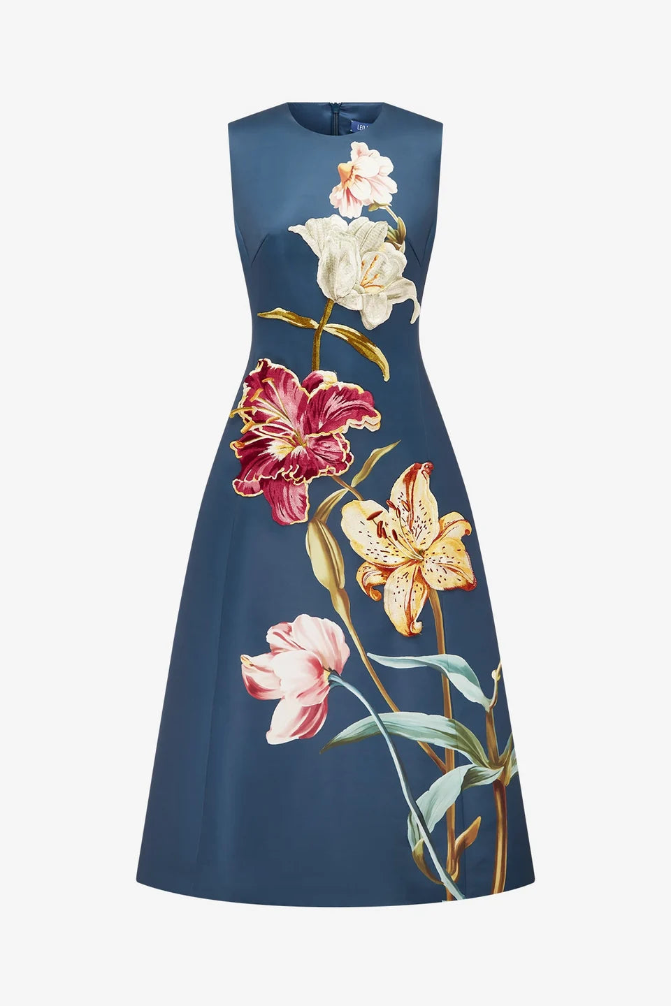CLEO EMBROIDERED SLEEVELESS MIDI DRESS IN LILY PRINT INDIGO
