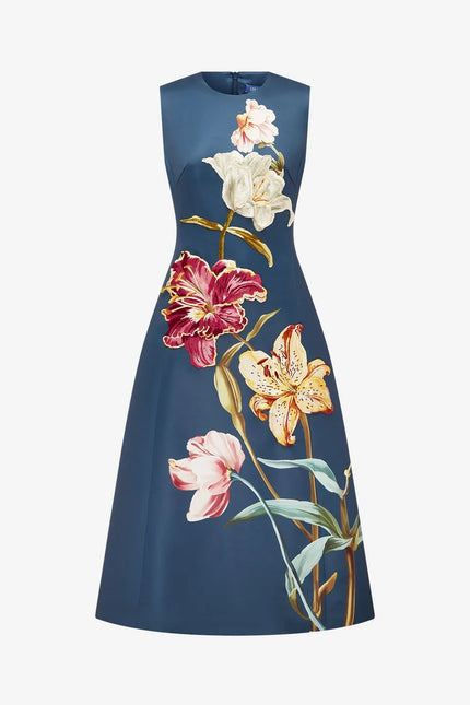 CLEO EMBROIDERED SLEEVELESS MIDI DRESS IN LILY PRINT INDIGO