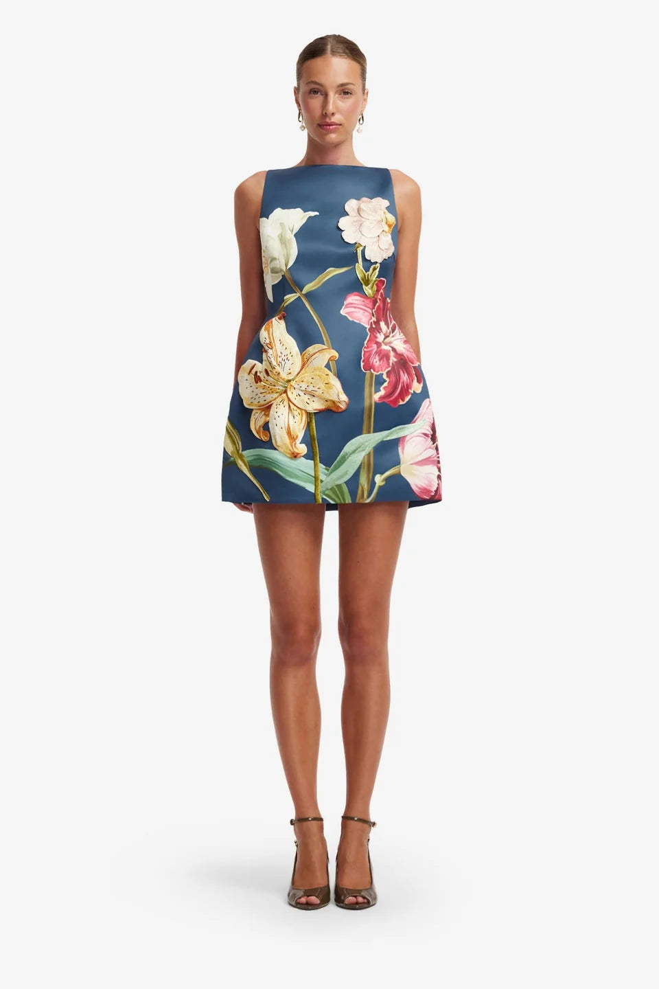 ALI EMBROIDERED MINI DRESS IN LILY PRINTED INDIGO