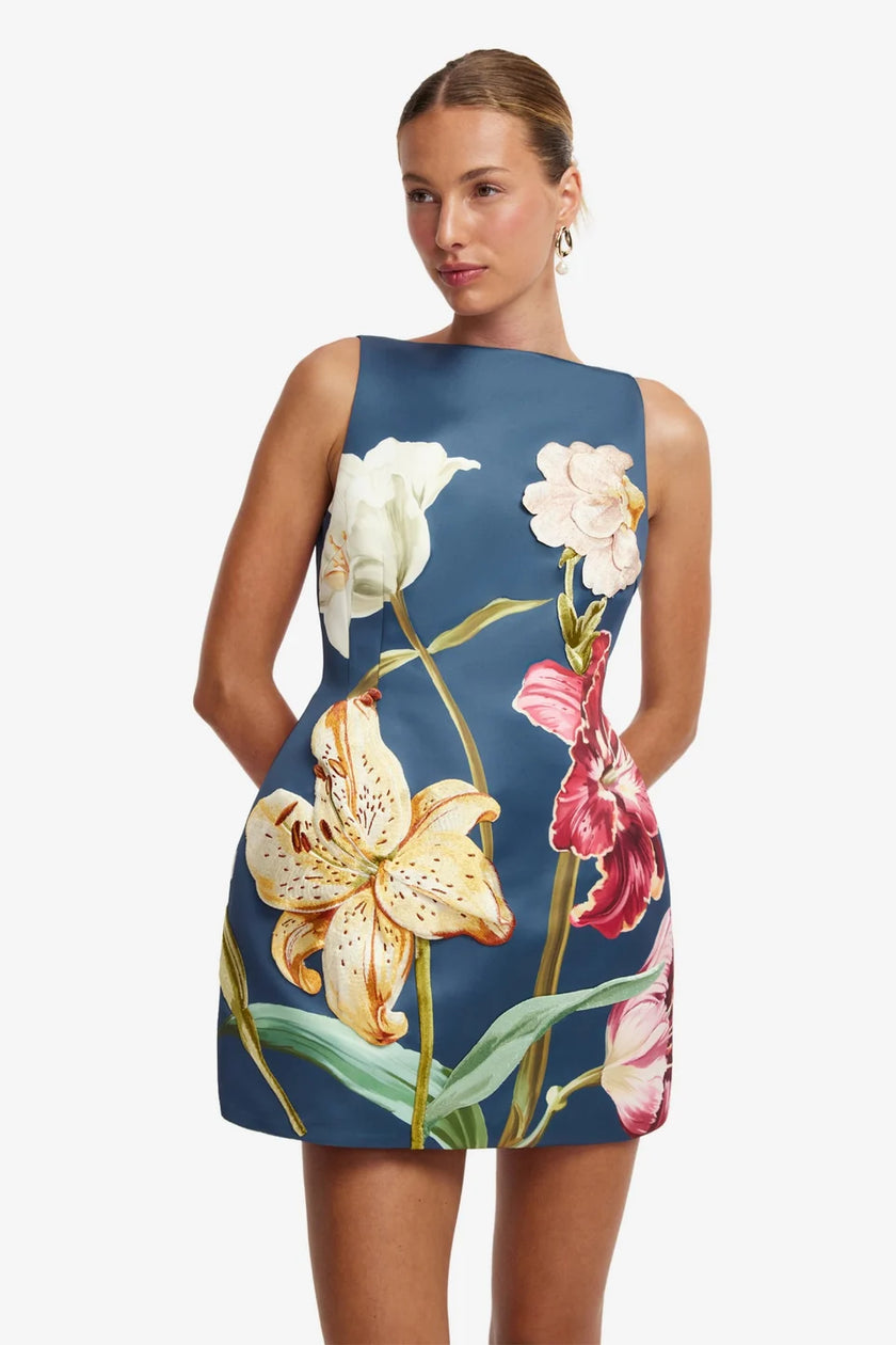 ALI EMBROIDERED MINI DRESS IN LILY PRINTED INDIGO