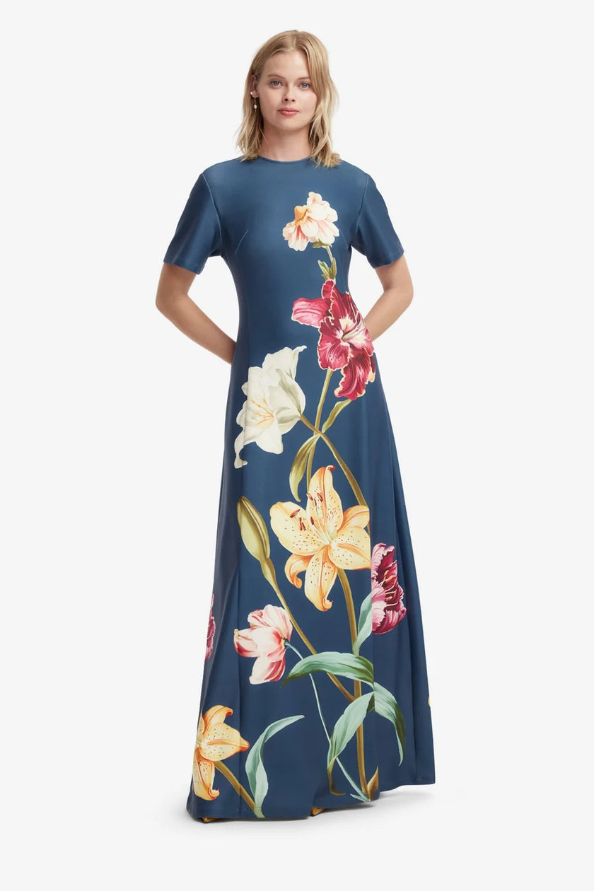ALICE SHORT SLEEVE MAXI DRESS IN LILY PRINT IN INDIGO