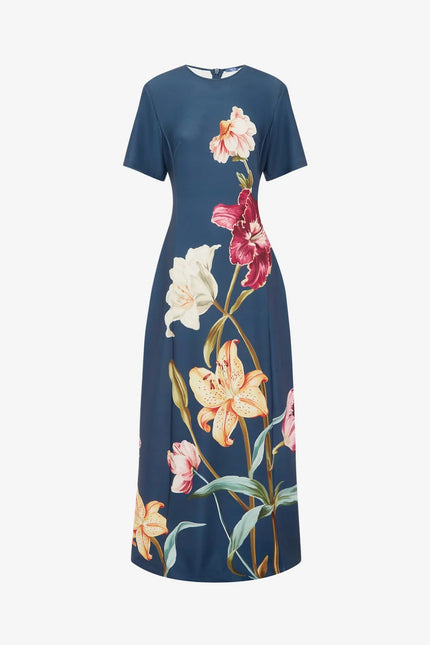 ALICE SHORT SLEEVE MAXI DRESS IN LILY PRINT IN INDIGO
