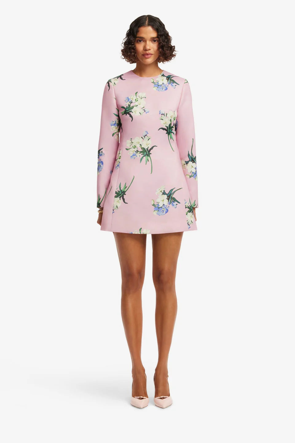 ALIZA LONG SLEEVE MINI DRESS IN BOUQUET PRINT IN PASTEL PINK