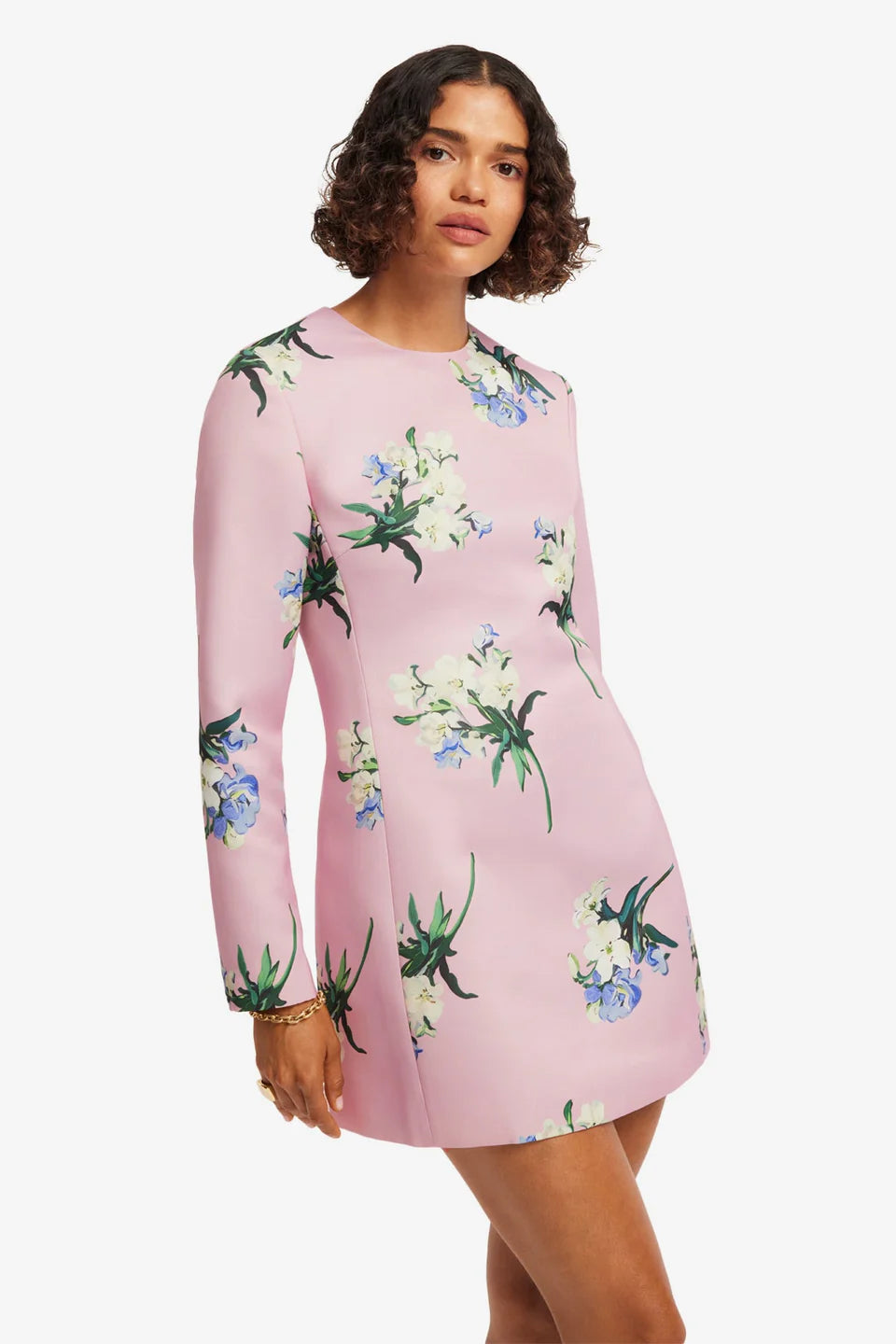 ALIZA LONG SLEEVE MINI DRESS IN BOUQUET PRINT IN PASTEL PINK