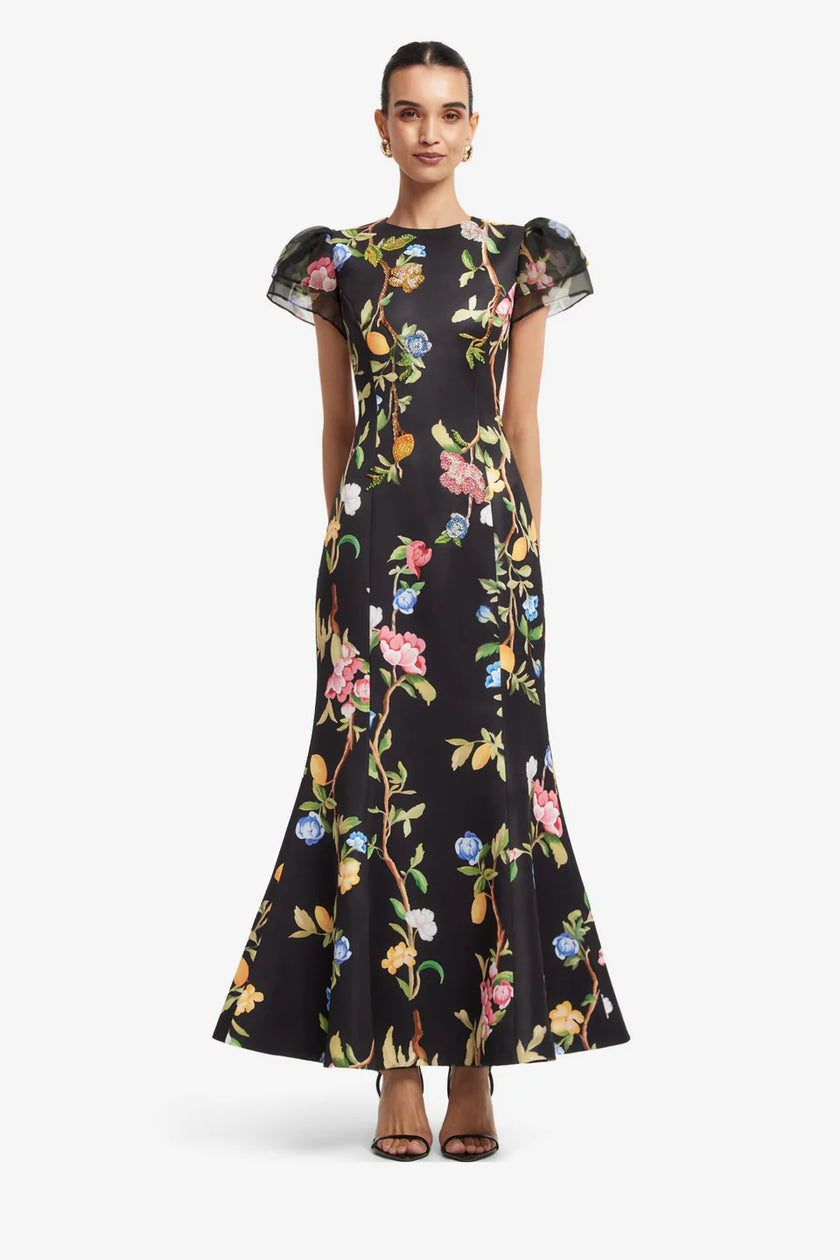 SOFIA EMBELLISHED PUFF SLEEVE MAXI DRESS LEMON VINE PRINT
