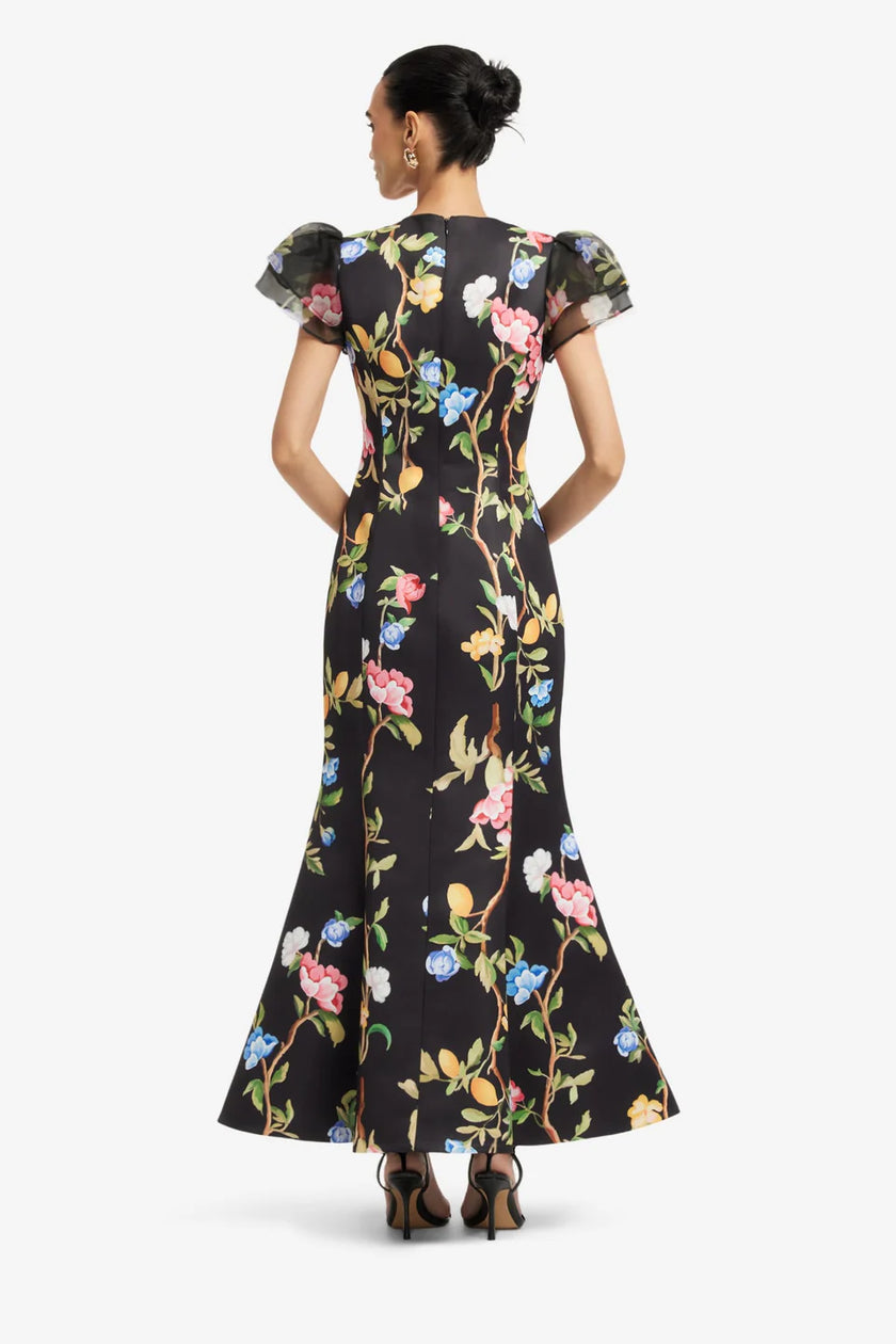 SOFIA EMBELLISHED PUFF SLEEVE MAXI DRESS LEMON VINE PRINT