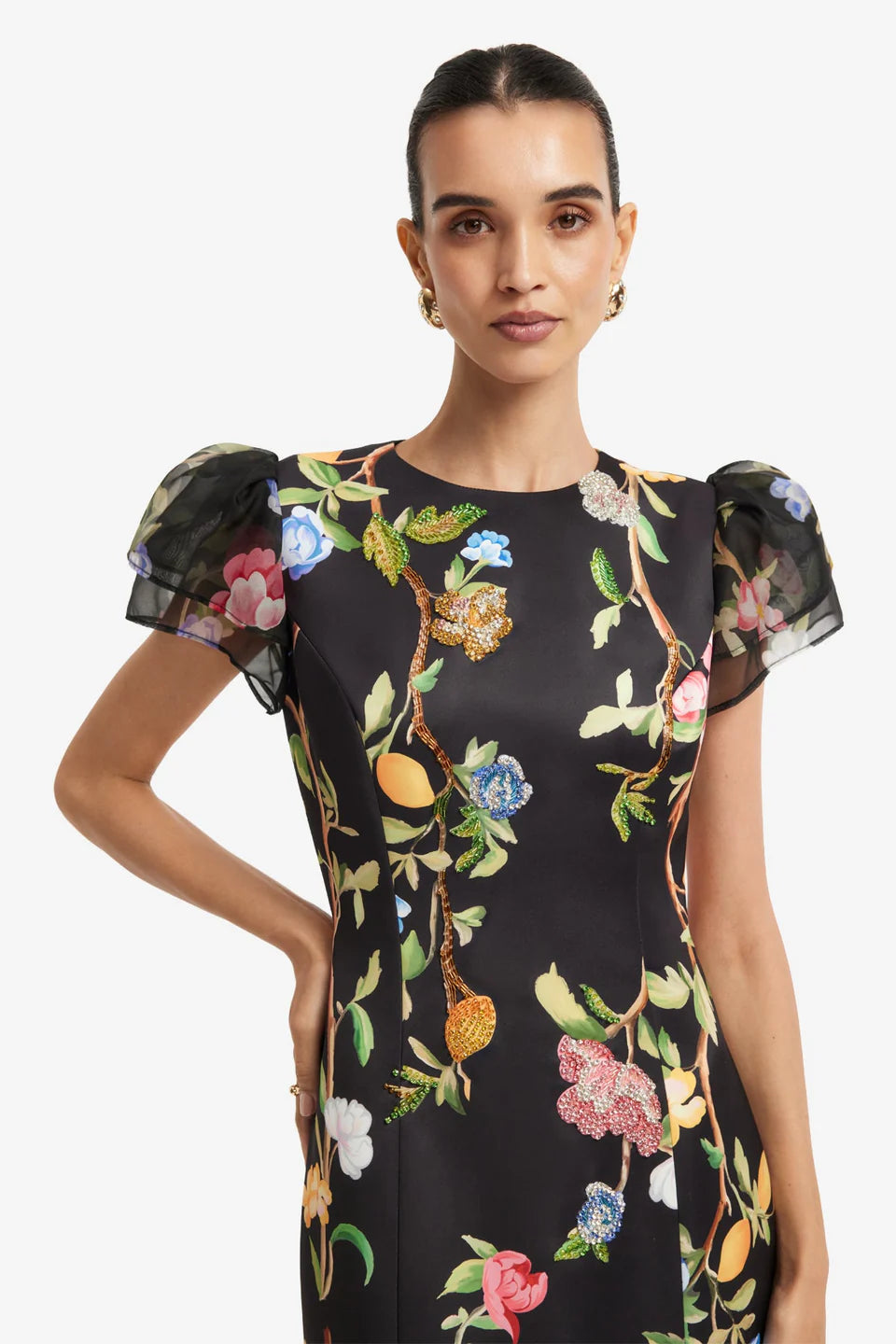 SOFIA EMBELLISHED PUFF SLEEVE MAXI DRESS LEMON VINE PRINT