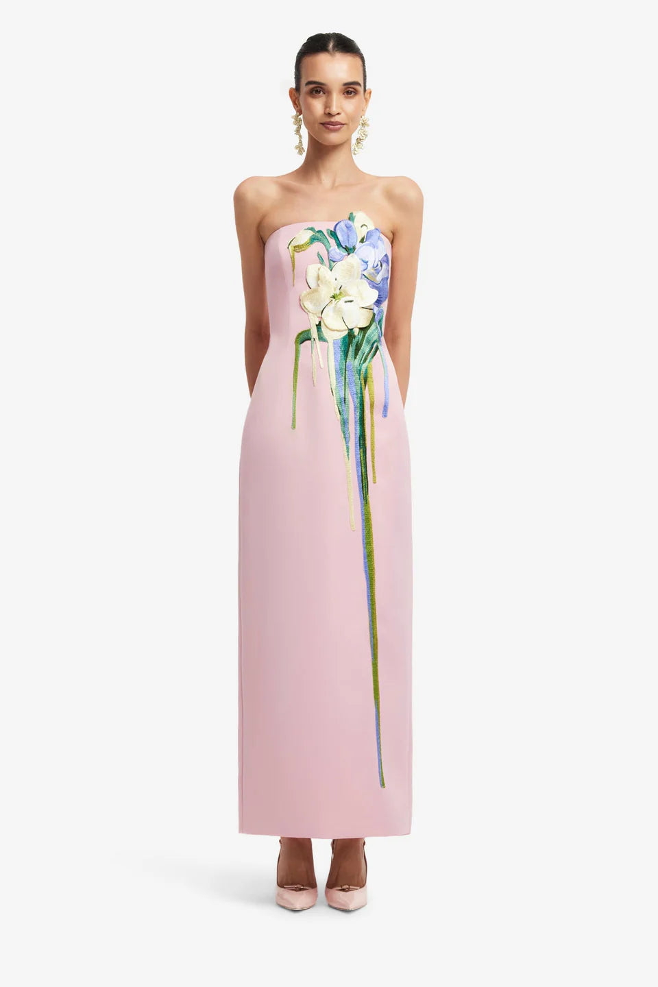 RAYNA EMBROIDERED BUSTIER MAXI DRESS BOUQUET PRINT PINK