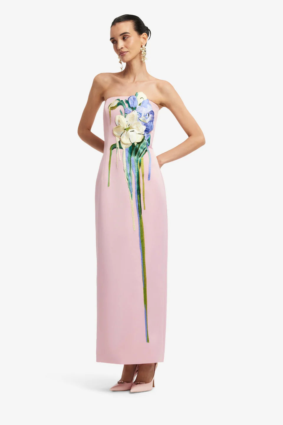 RAYNA EMBROIDERED BUSTIER MAXI DRESS BOUQUET PRINT PINK