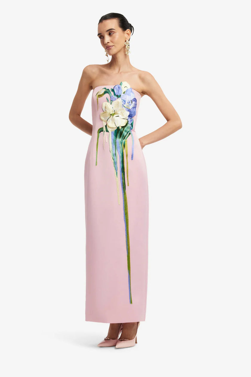 RAYNA EMBROIDERED BUSTIER MAXI DRESS BOUQUET PRINT PINK