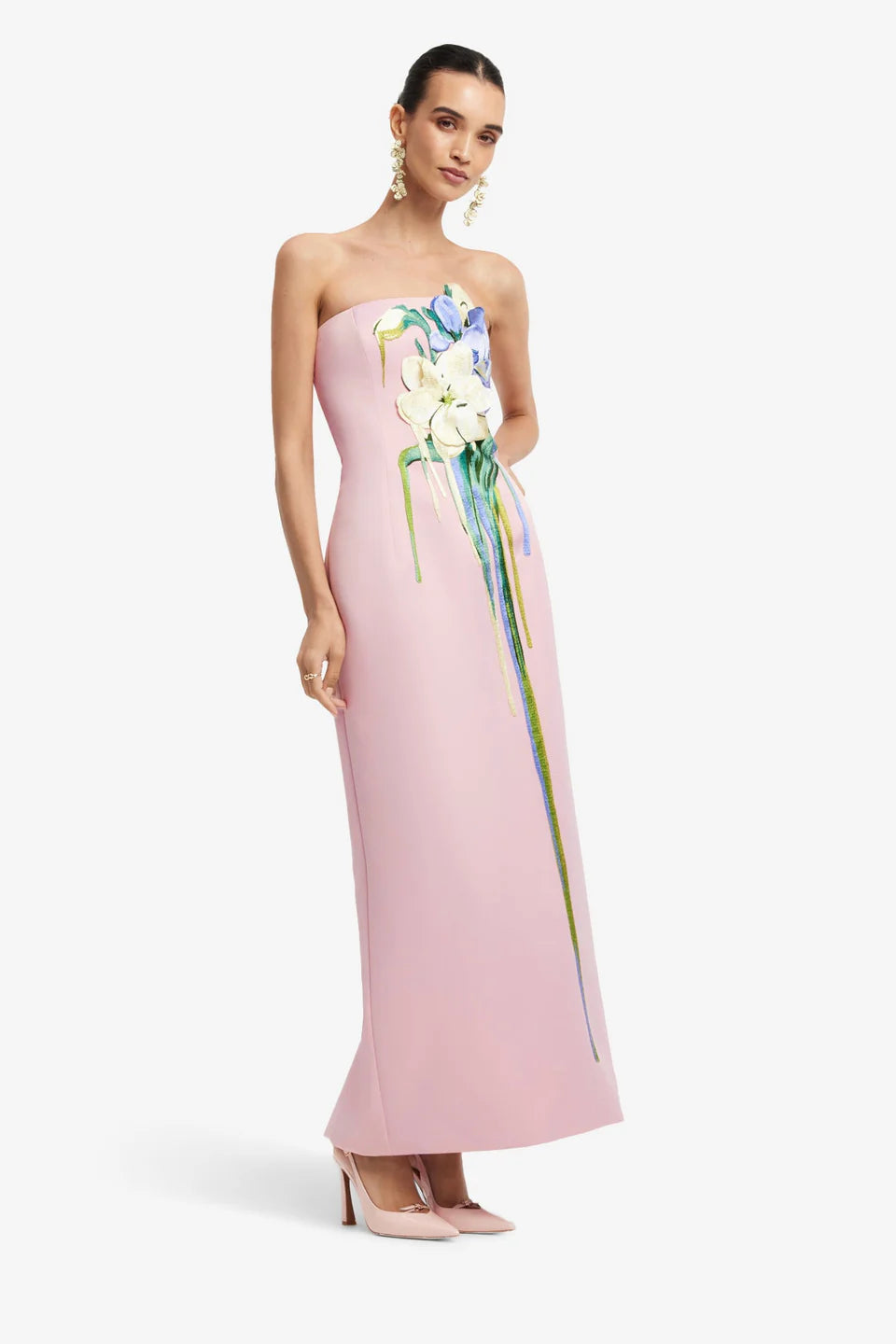 RAYNA EMBROIDERED BUSTIER MAXI DRESS BOUQUET PRINT PINK