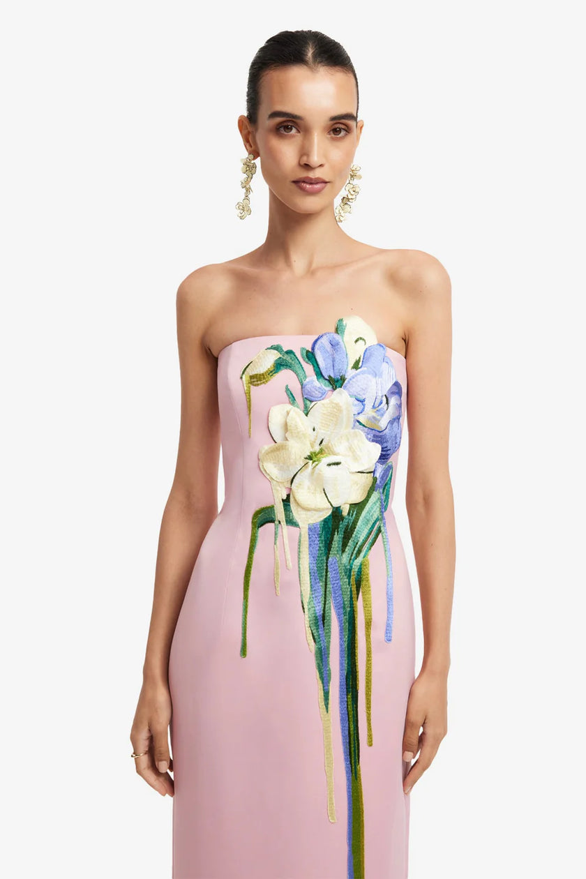 RAYNA EMBROIDERED BUSTIER MAXI DRESS BOUQUET PRINT PINK