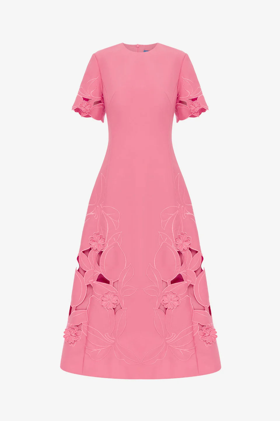 CAROLINE APPLIQUE SHORT SLEEVE MIDI DRESS IN FUCHSIA