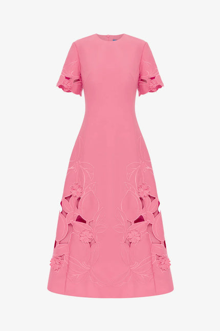 CAROLINE APPLIQUE SHORT SLEEVE MIDI DRESS IN FUCHSIA