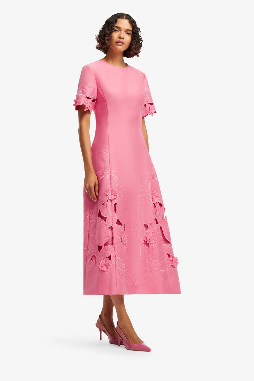 CAROLINE APPLIQUE SHORT SLEEVE MIDI DRESS IN FUCHSIA