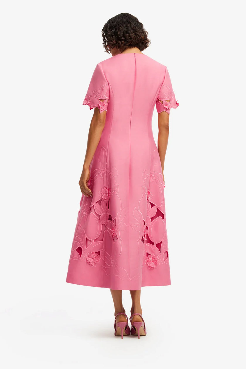 CAROLINE APPLIQUE SHORT SLEEVE MIDI DRESS IN FUCHSIA