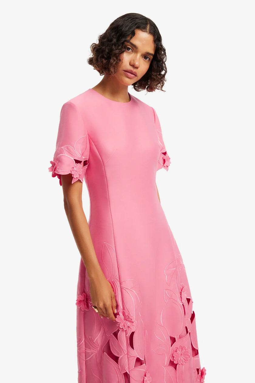 CAROLINE APPLIQUE SHORT SLEEVE MIDI DRESS IN FUCHSIA