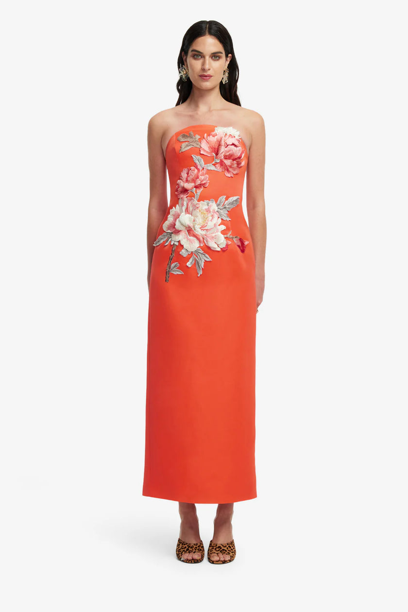 AVA  APPLIQUE FLORAL BUSTIER MAXI DRESS IN SAFFRON