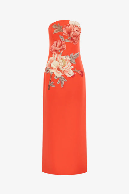 AVA  APPLIQUE FLORAL BUSTIER MAXI DRESS IN SAFFRON