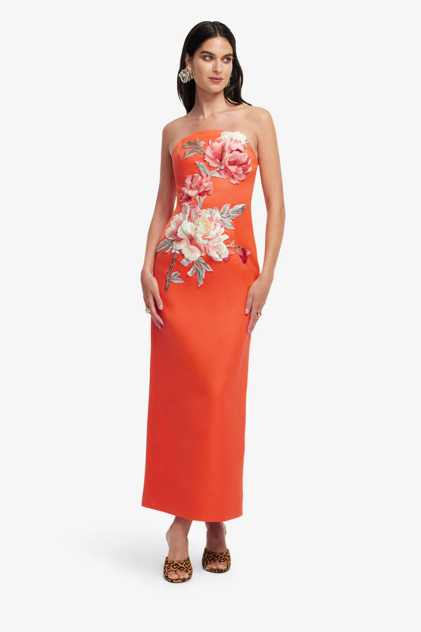 AVA  APPLIQUE FLORAL BUSTIER MAXI DRESS IN SAFFRON