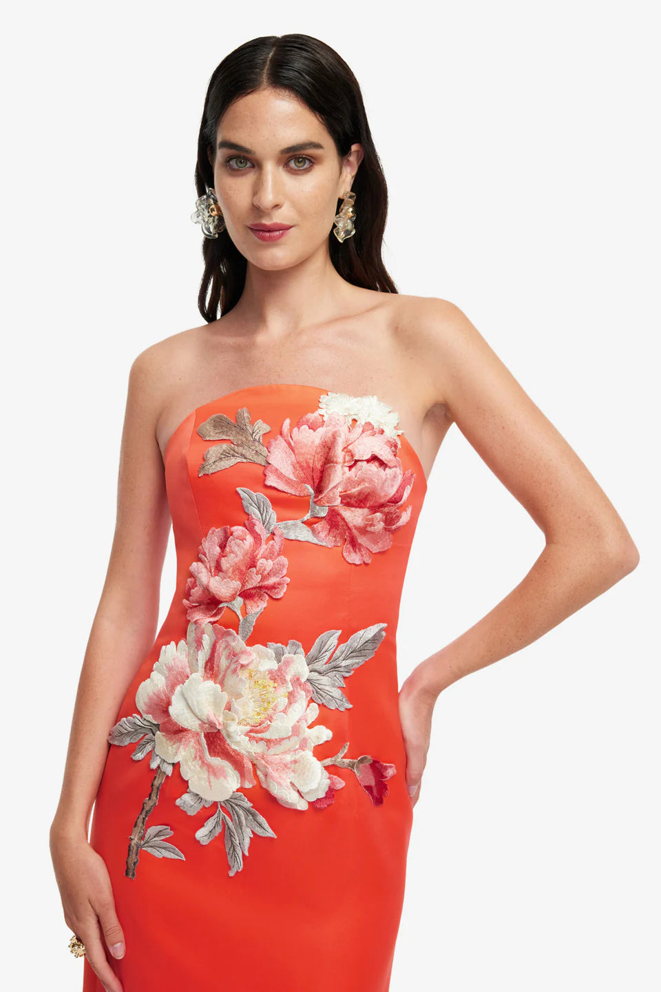 AVA  APPLIQUE FLORAL BUSTIER MAXI DRESS IN SAFFRON
