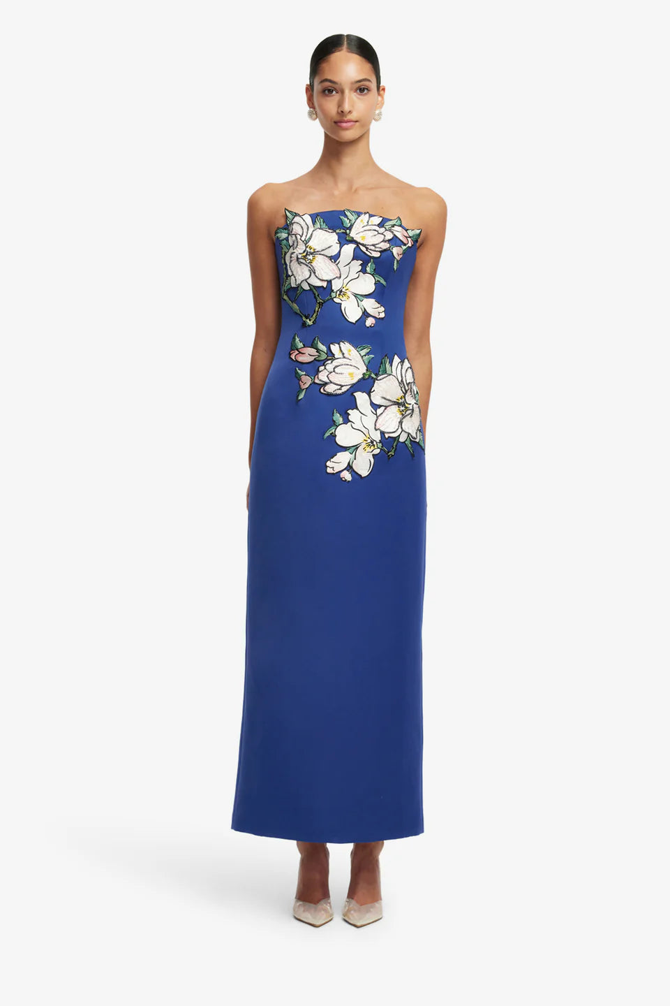 AVA  APPLIQUE FLORAL BUSTIER MAXI DRESS IN MIDNIGHT