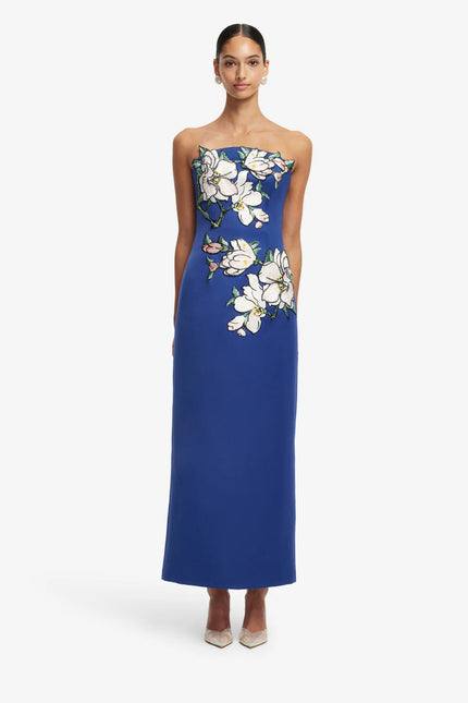 AVA  APPLIQUE FLORAL BUSTIER MAXI DRESS IN MIDNIGHT