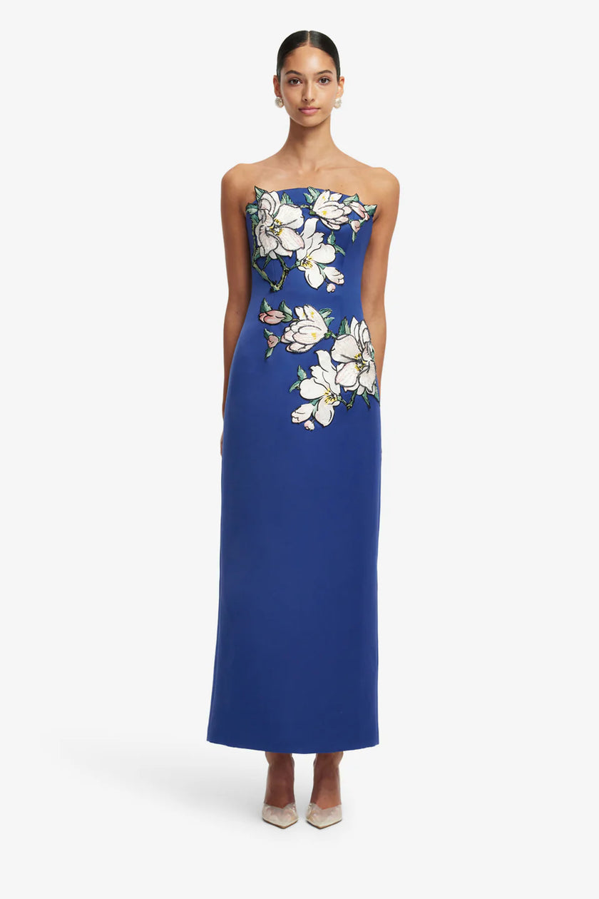AVA  APPLIQUE FLORAL BUSTIER MAXI DRESS IN MIDNIGHT