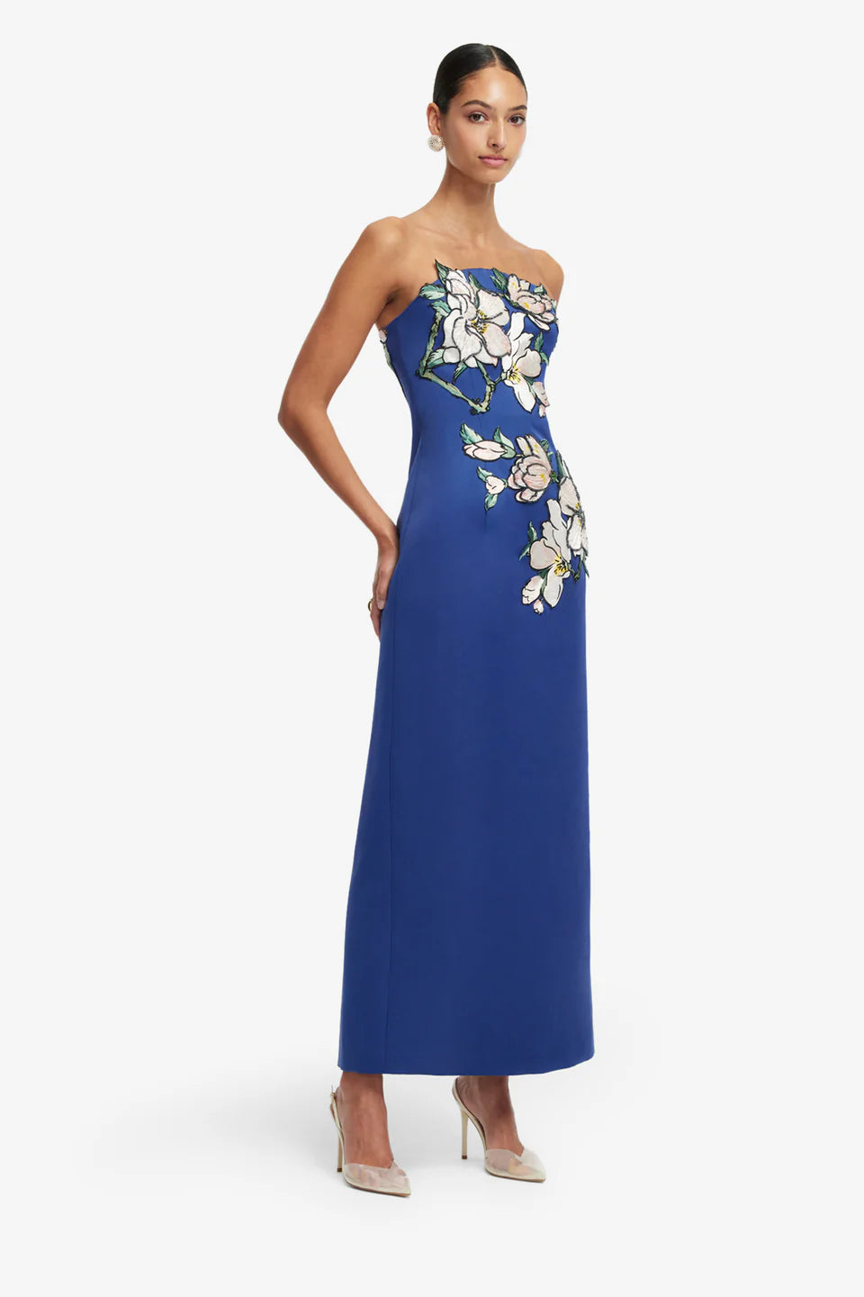 AVA  APPLIQUE FLORAL BUSTIER MAXI DRESS IN MIDNIGHT