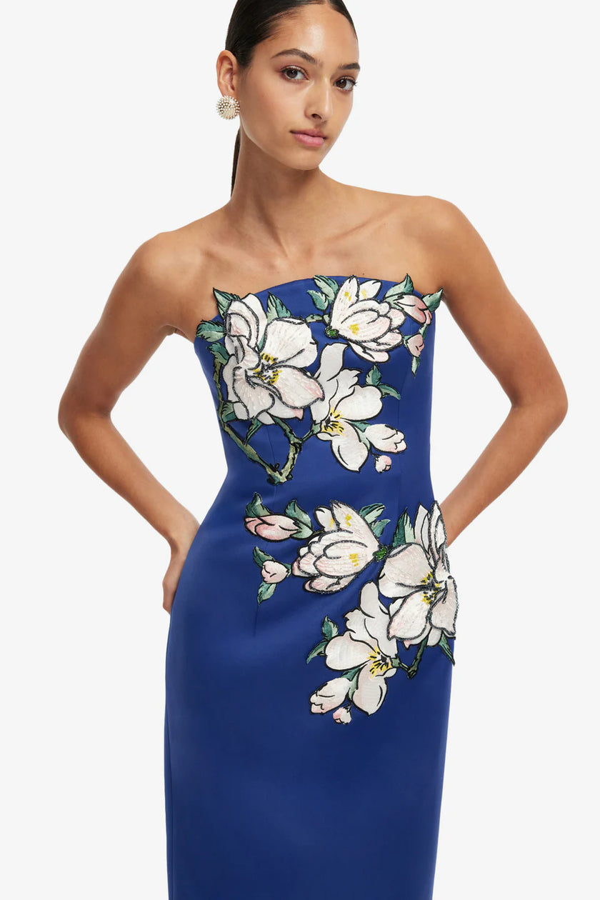 AVA  APPLIQUE FLORAL BUSTIER MAXI DRESS IN MIDNIGHT