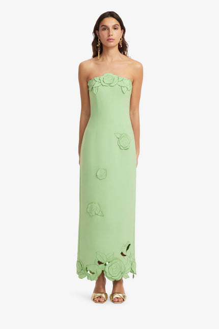 RAYNA APPLIQUE BUSTIER MAXI DRESS IN JUNIPER GREEN