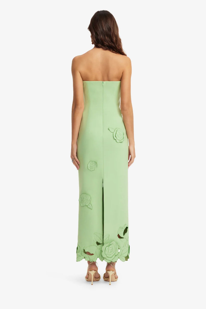RAYNA APPLIQUE BUSTIER MAXI DRESS IN JUNIPER GREEN
