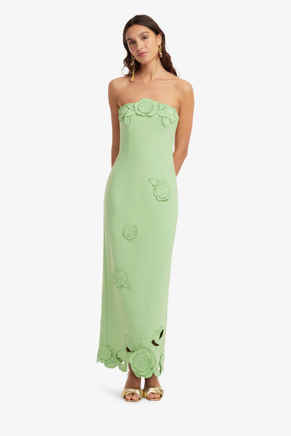RAYNA APPLIQUE BUSTIER MAXI DRESS IN JUNIPER GREEN