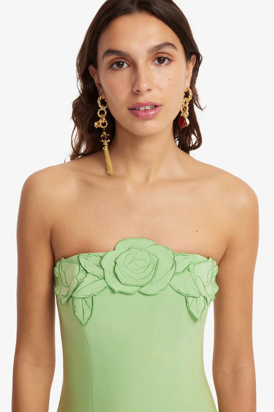 RAYNA APPLIQUE BUSTIER MAXI DRESS IN JUNIPER GREEN