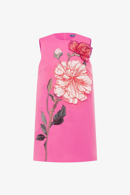 YVONNE APPLIQUE FLORAL MINI DRESS IN PEONY PRINT IN FUCHSIA
