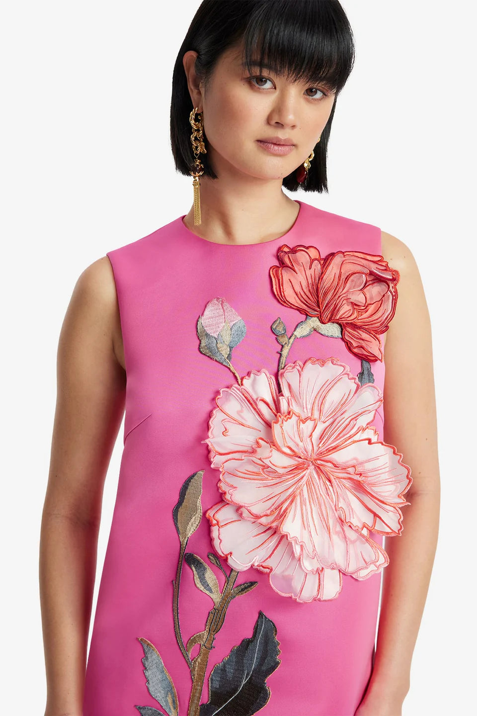 YVONNE APPLIQUE FLORAL MINI DRESS IN PEONY PRINT IN FUCHSIA
