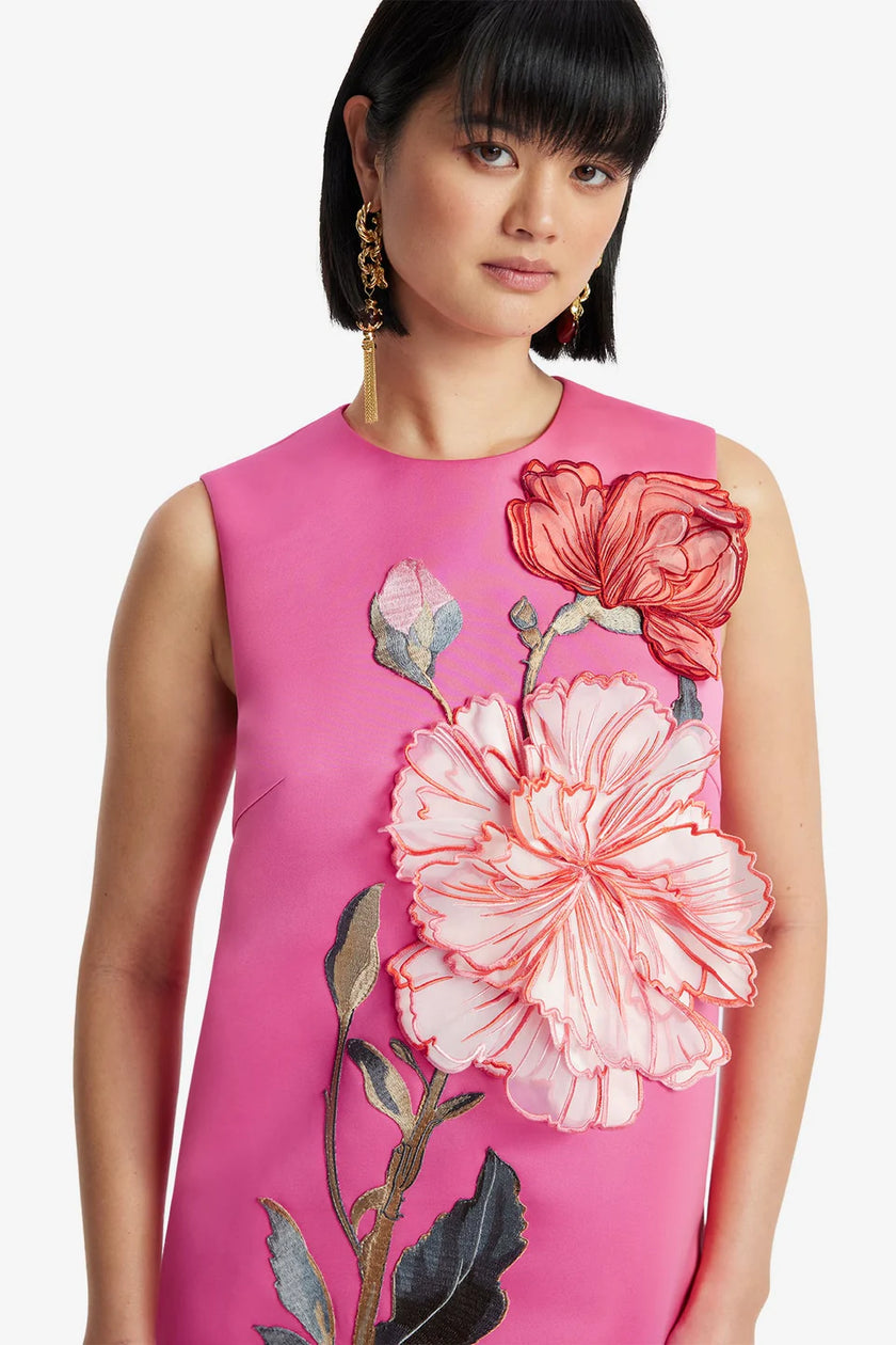 YVONNE APPLIQUE FLORAL MINI DRESS IN PEONY PRINT IN FUCHSIA