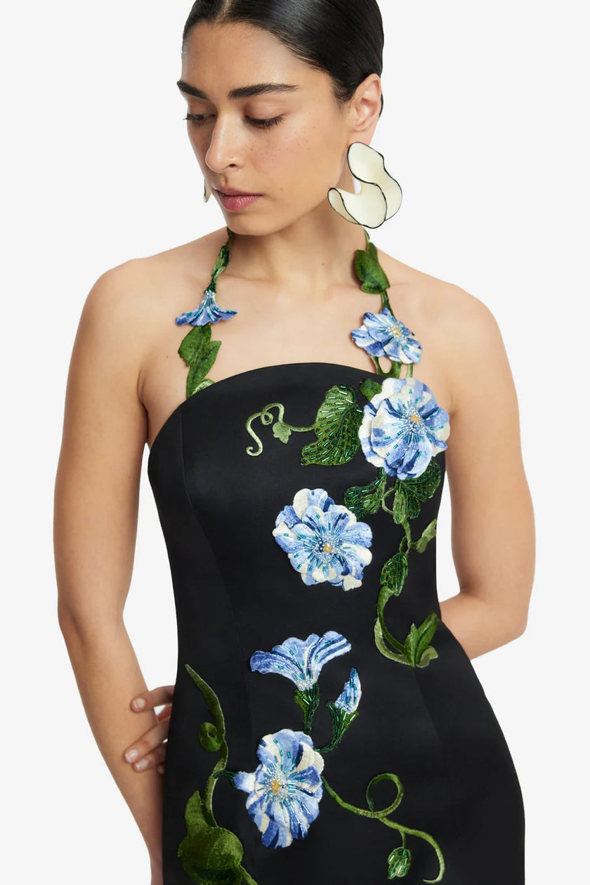 AVA HALTERNECK APPLIQUE FLORAL BUSTIER MAXI DRESS