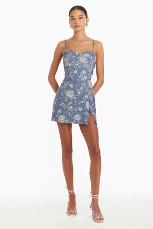 TAYLOR SKORT ROMPER IN DENIM BROCADE