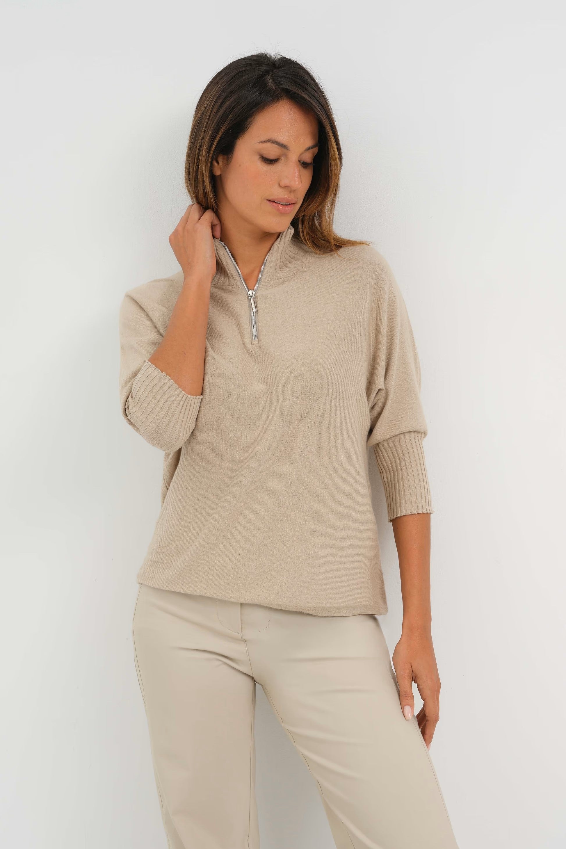 LUCELY QUARTER ZIP ELBOWSLEEVE MOCK NECK SWEATER
