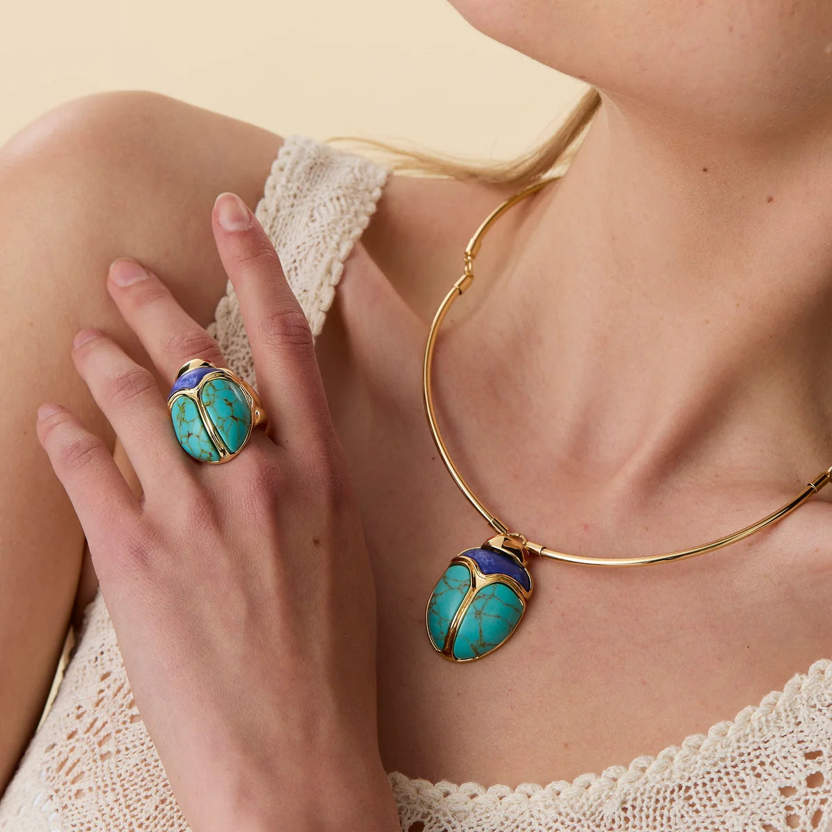TURQUOISE LAPIS STONE SCARAB COLLAR NECKLACE
