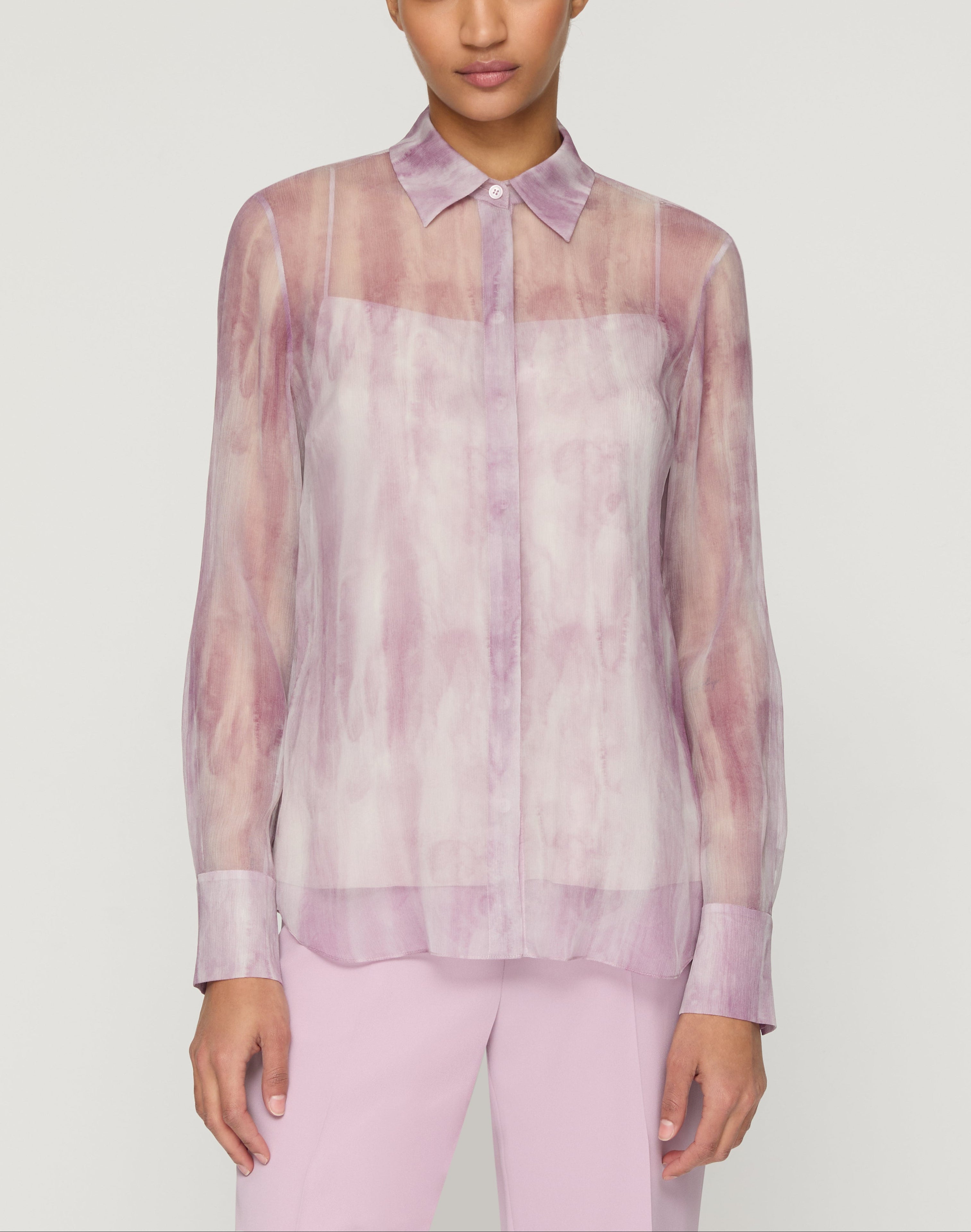 WASHED GLAZE PRINT SILK CREPON BUTTON BLOUSE