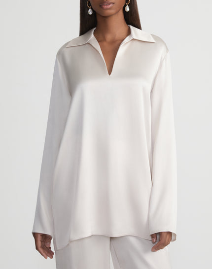 SILK CHARMEUSE SPLIT COLLAR POPOVER BLOUSE