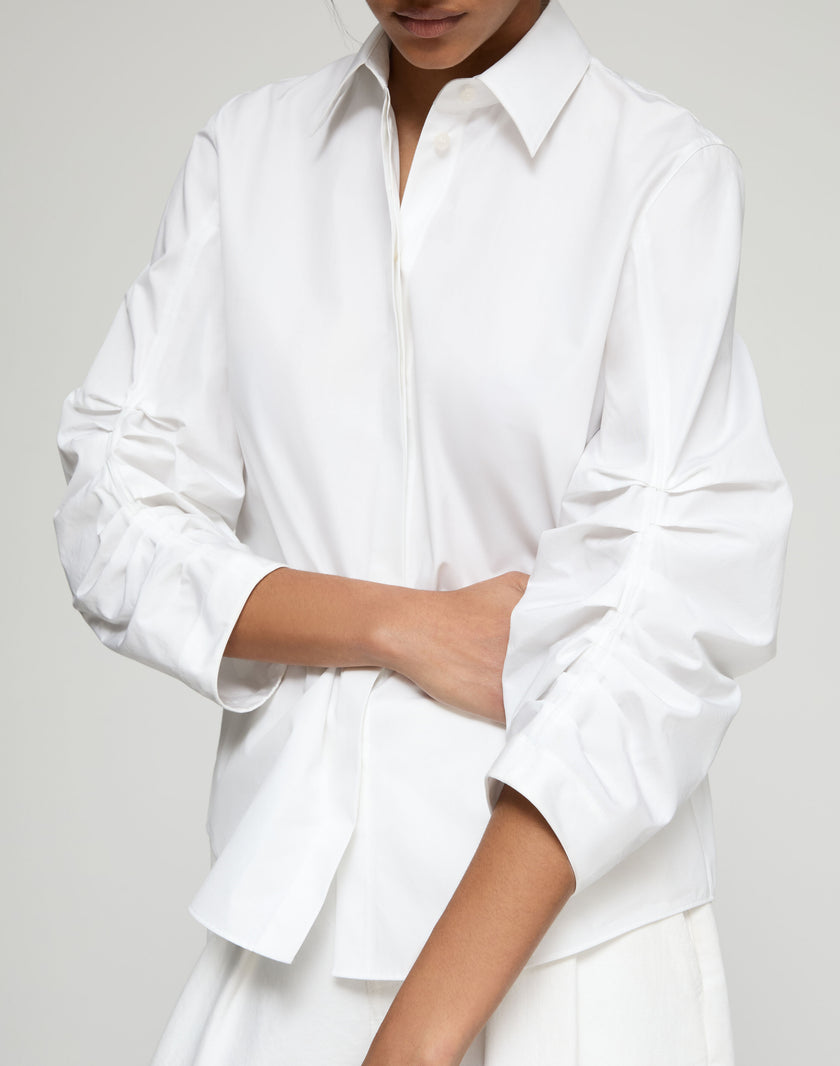 ORGANIC COTTON POPLIN RUCHED SLEEVE SHIRT