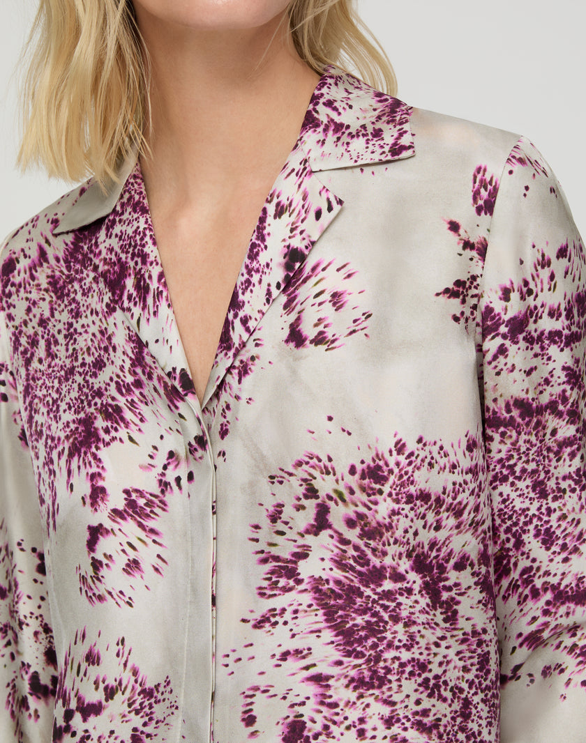 SPOTTED GLAZE PRINT SILK TWILL COLLARED BLOUSE
