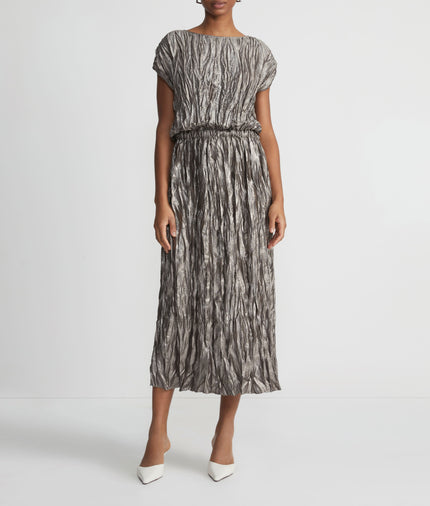 METALLIC PLISSE BLOUSON DRESS