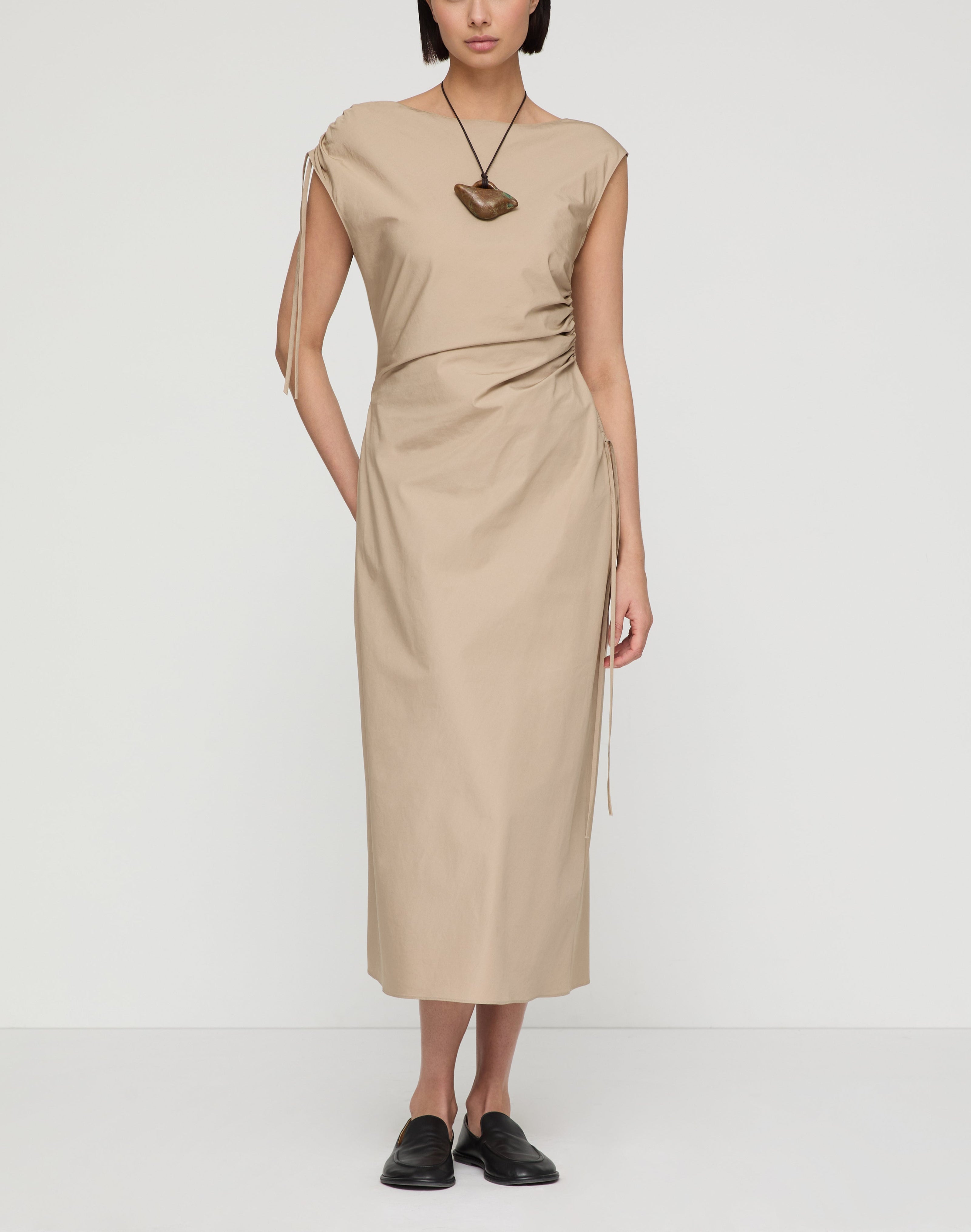 ORGANIC COTTON POPLIN GATHERED MIDI DRESS