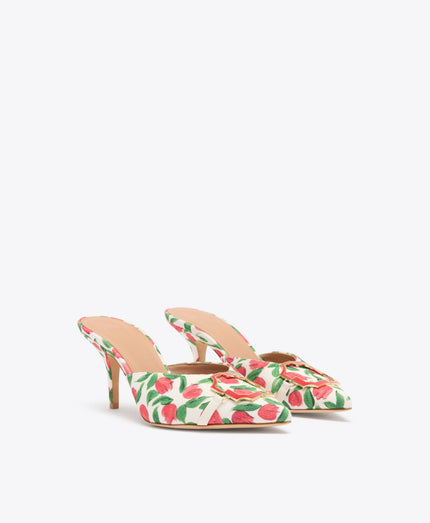 MISSY 70 RED TULIP PRINT CANVAS HEELED MULES