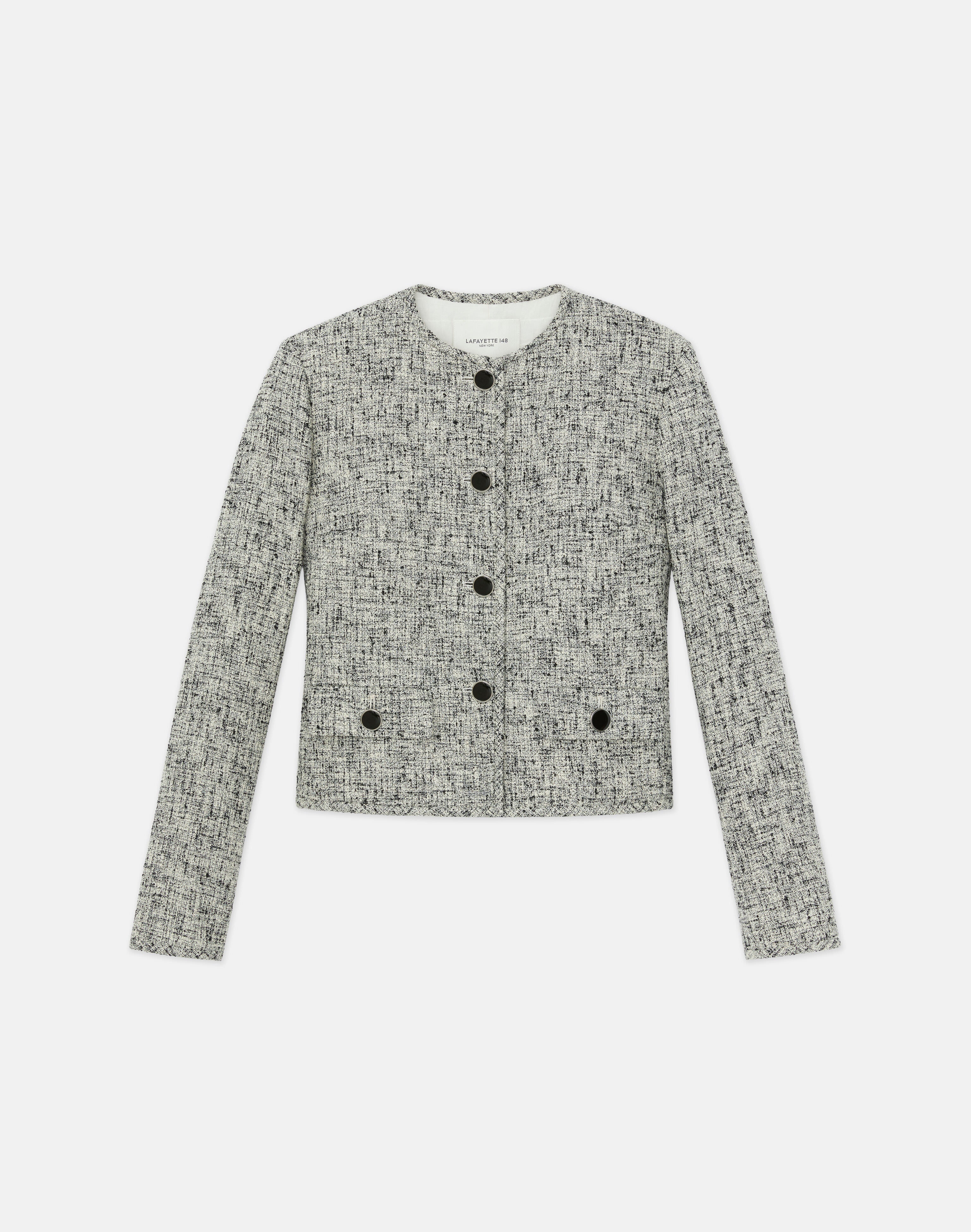 LINEN COTTON BOUCLE TWEED COLLARLESS BUTTONED JACKET