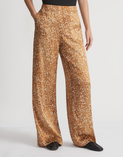 FLOATING LEAVES PRINT TEXTURED SILK SATIN RIVERSIDE PANT